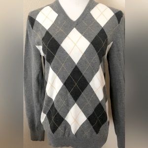 Cotton sweater Argyle V neck cotton sweater gray white sweater